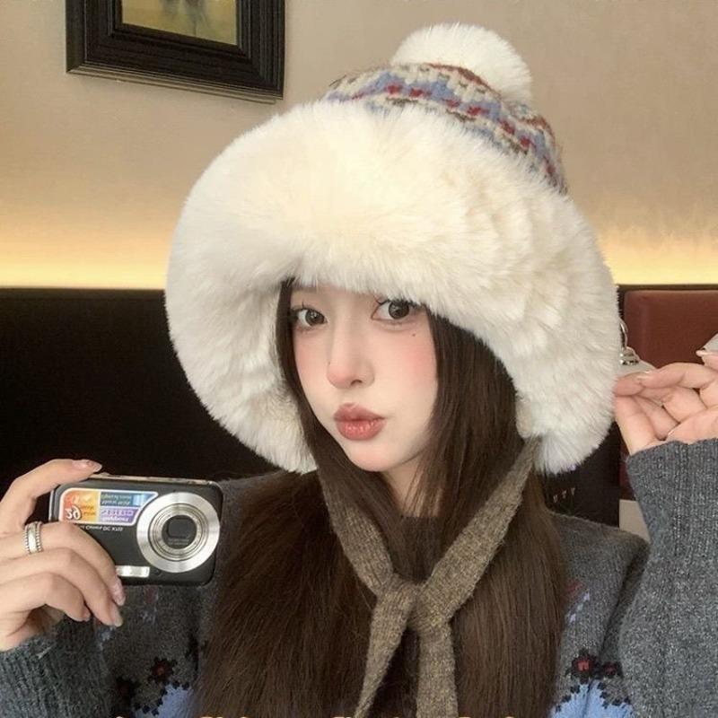 Hat Women's Autumn and Winter Color Knitted Plush Warm Lei Feng Hat Windproof Ear Protection Pullover Basin Hat Tide