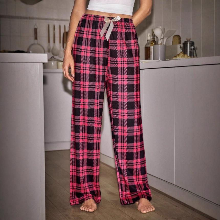 

Women s Elastic Plaid Bow Pajama Pants - Loose Straight Leg Extra Large красный