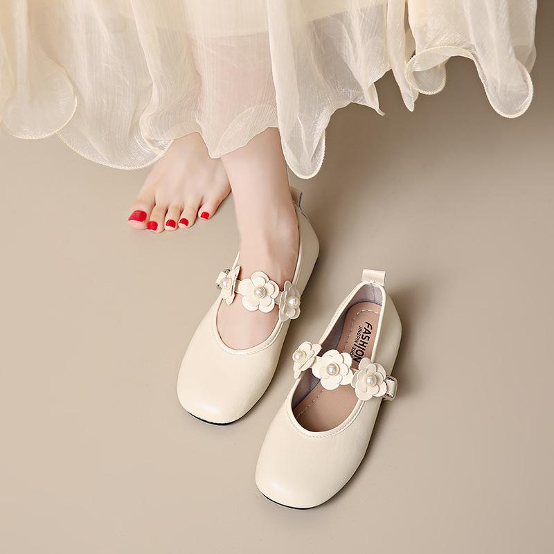 2025 new spring and summer square head silver pearl ballet Mary Jane single shoes women's shoes black small leather shoes evening shoes