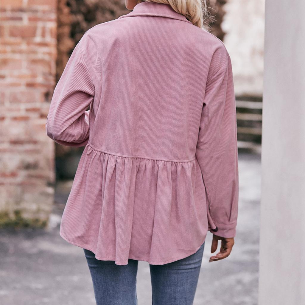 Women's Casual Long Sleeve Stand Collar Corduroy Solid Color Top Shirt