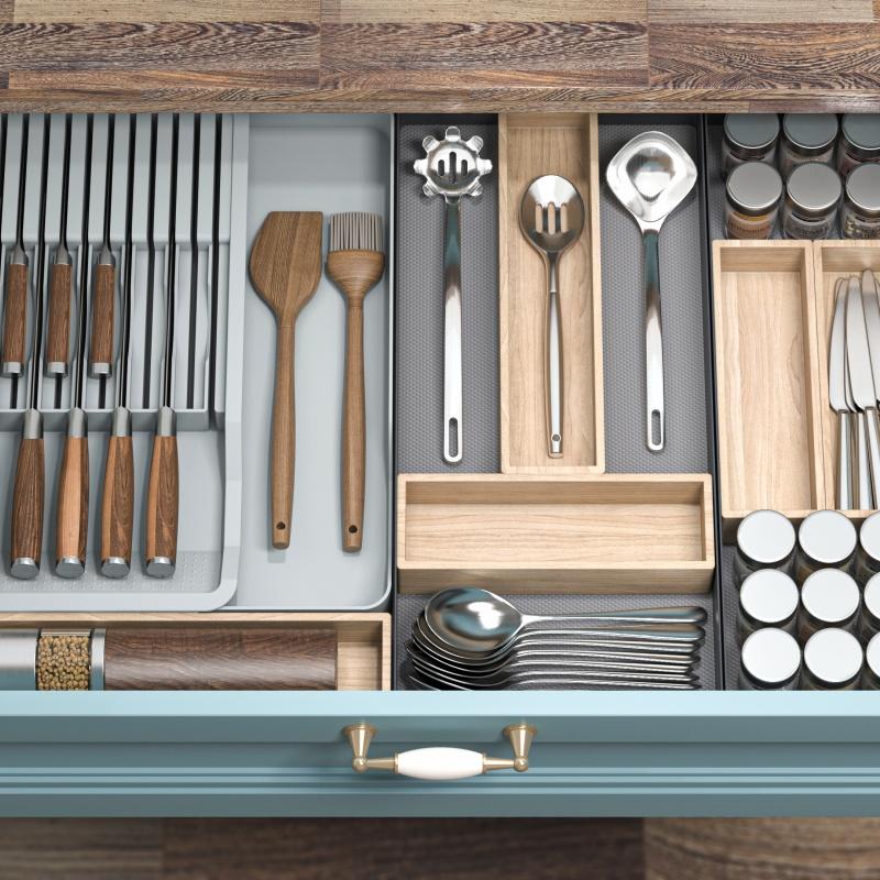 Adjustable Aluminium Cutlery and Flatware Tray Expandable Eco-Friendly Drawer Organizer for Kitchen in Cabinets Aluminium серый