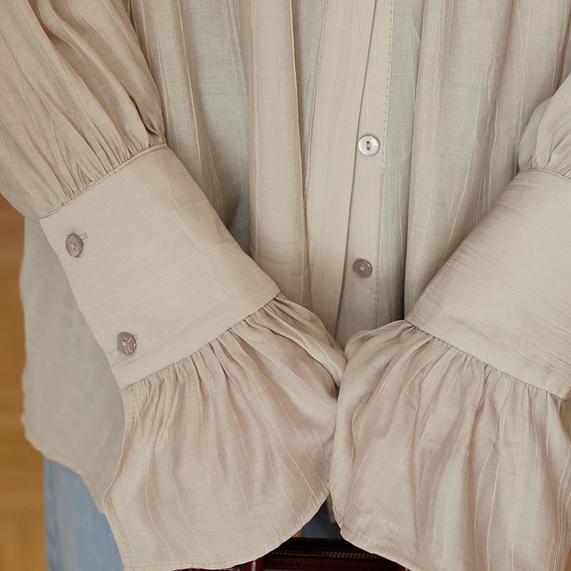 Casual Shirts Women Loose Lantern Sleeve Buttons Turn Down Collar Pleated Blouse Lady Spring Summer Green Shirts