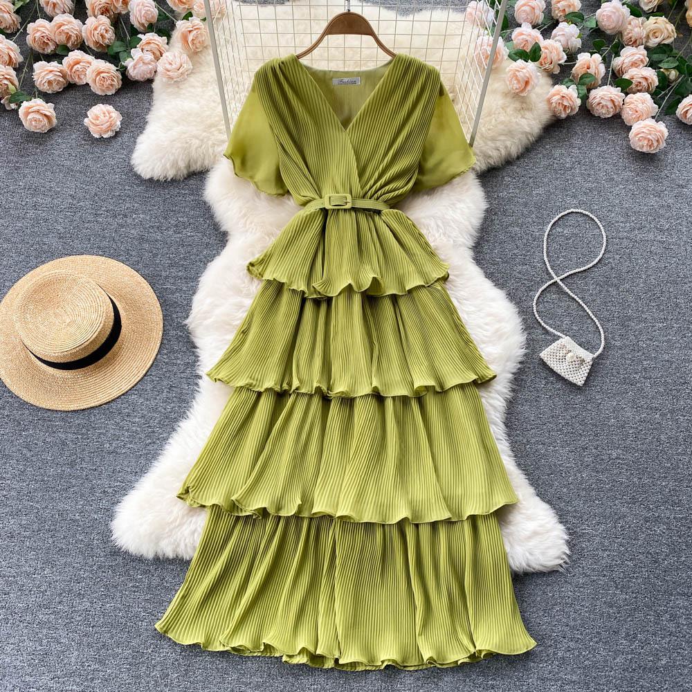 Sommer Kvinner Feriebelte Løs Lang Kjole Elegant Kortermet Ruffles Strand Maxi Kjoler