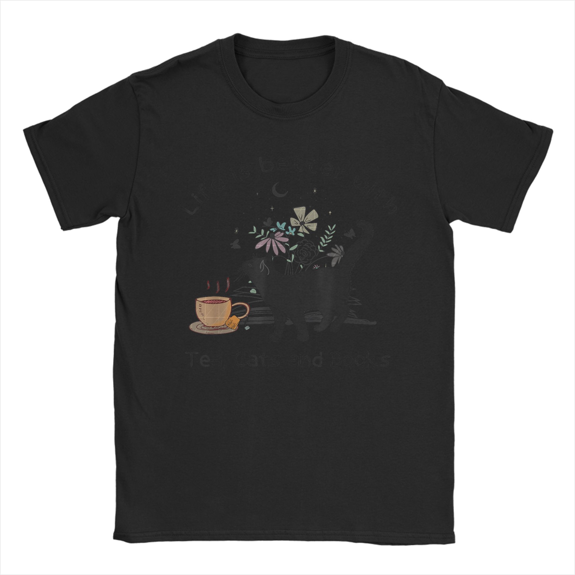 

Life is Better with Tea Cats and Books Men T Shirt Vintage Tees Short Sleeve Round Neck T-Shirts Pure Cotton Gift Idea Clothes 4XL