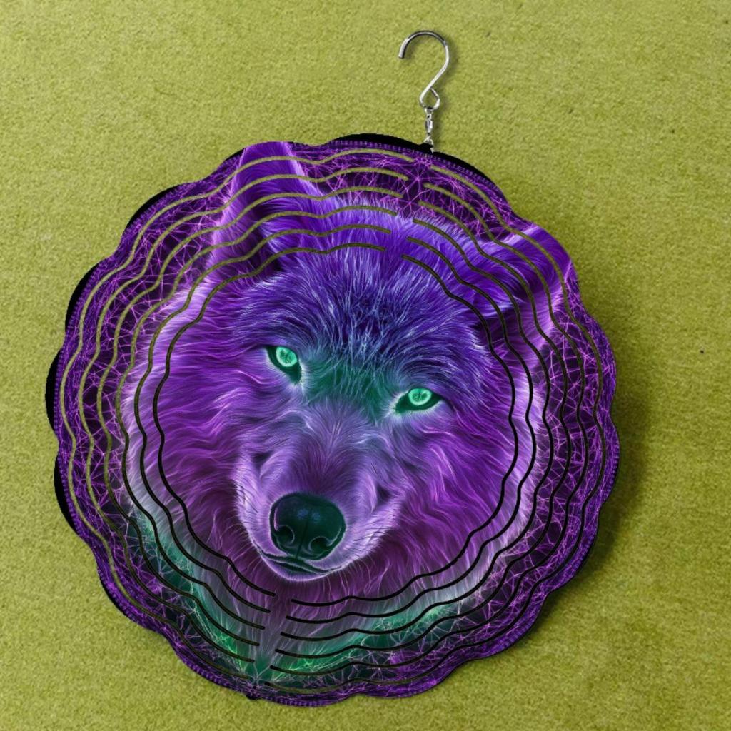10-Inch Metal Wind Chime with 360° Swivel Hook - Handcrafted Purple & Green Wolf Design, Outdoor Garden Decor