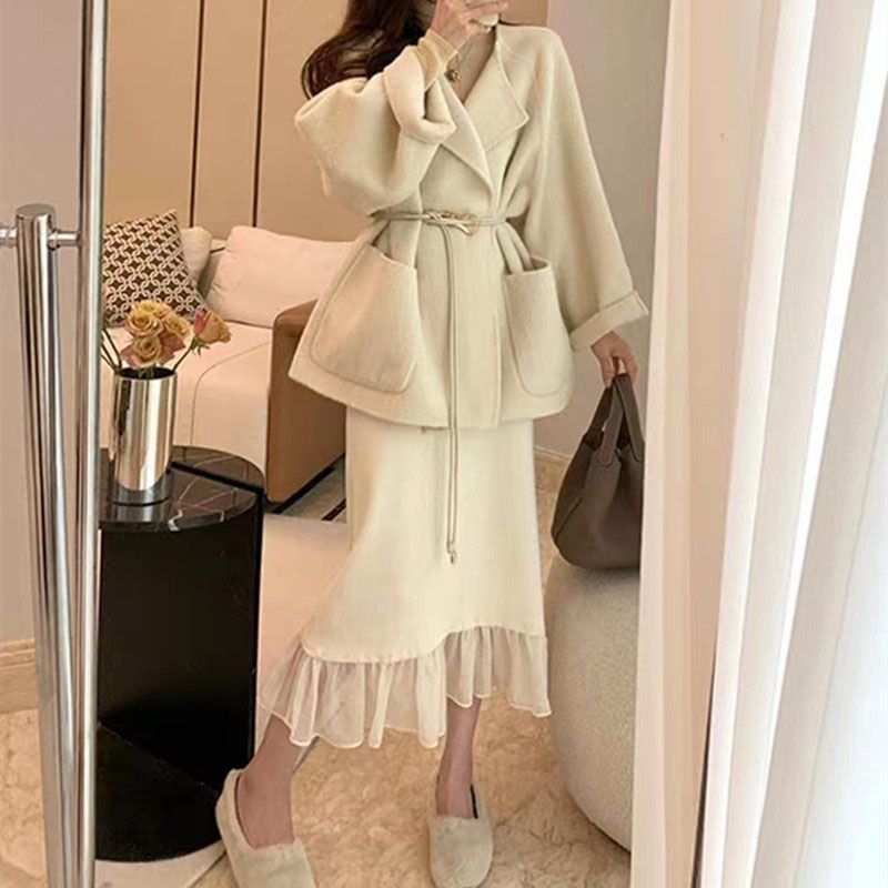 Mesh Splicing Knitted Half Skirt Small Stature, Autumn and Winter Fashion High Waist A-line Skirt, Mid Length, Hip Hugging Skirt