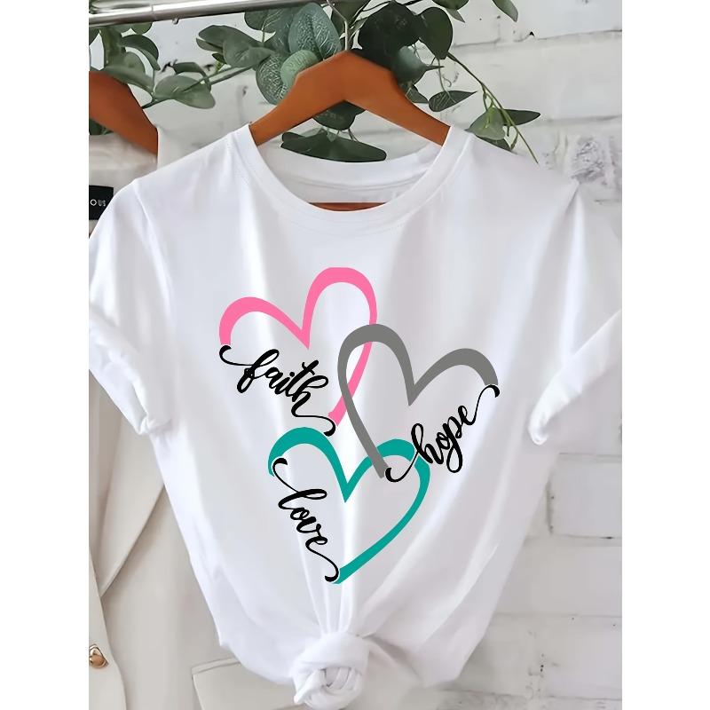 

European size Women S Plus Size Faith Love Hope Letter T-Shirt, Casual Crew Neck Short Sleeve Top S белый