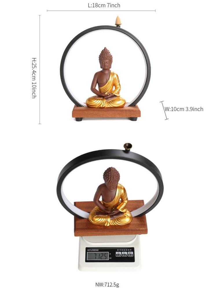 Backflow Incense Burner Indoor LED Light Ring Purple Sand Buddha Zen Ornament Living Room Decoration Tea Ceremony Accessories