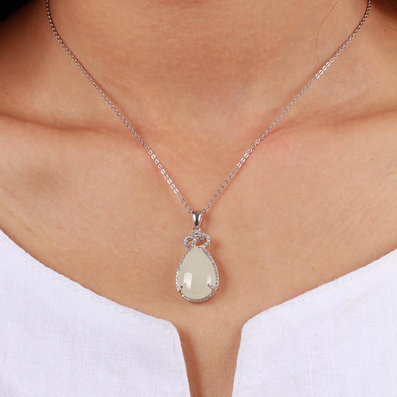 Tancise 925 Sterling Silver Classic Women Jade Necklace Pendant Zircon Fashion Gift
