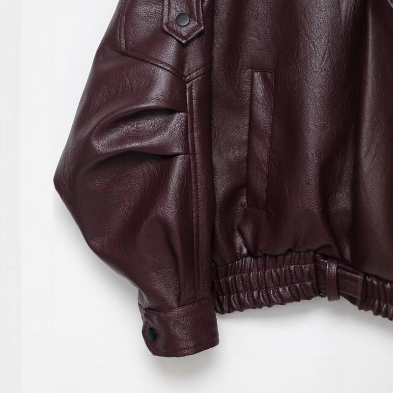 Textured Faux Leather Biker Jacket Double Collar Cropped Loose Fit Street Style Womens