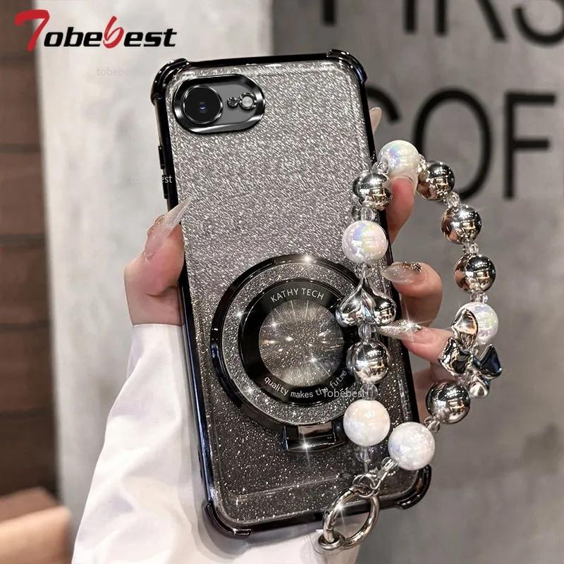 Shockproof Glitter Plating Case For iPhone 16E 2025 16 15 14 Plus 13 12 11 Pro Max Fundas Magsafe Bracket Bead Bracelet Cover