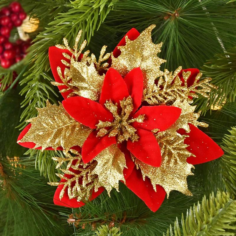 14cm Glitter Artificial Christmas Flowers Xmas Tree Ornaments Merry Christmas Decorations for Home New Year Gift