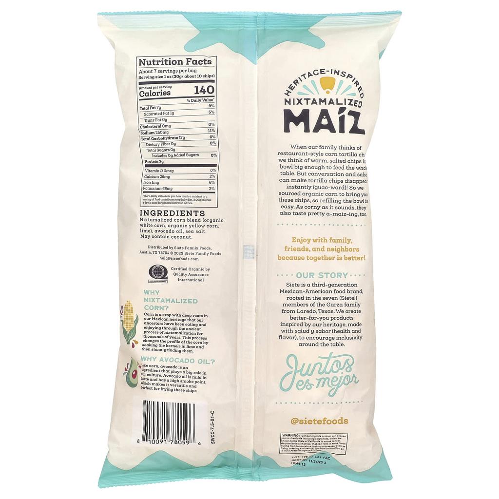Siete, Maize Totopos Corn Tortilla Chips, Sea Salt, 212.6g (7.5oz)