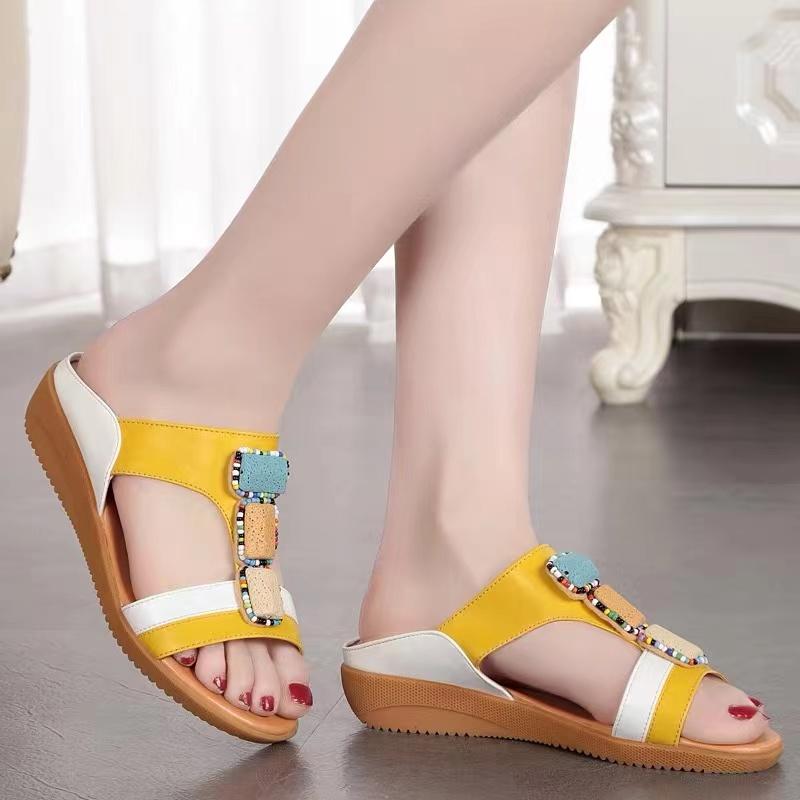 

Women Slippers Hot Sale Summer 2024 New Women Sandals Fashion Slip on Wedges Ladies Beads Slippers Open Toe Casual Slides Women 36 синий