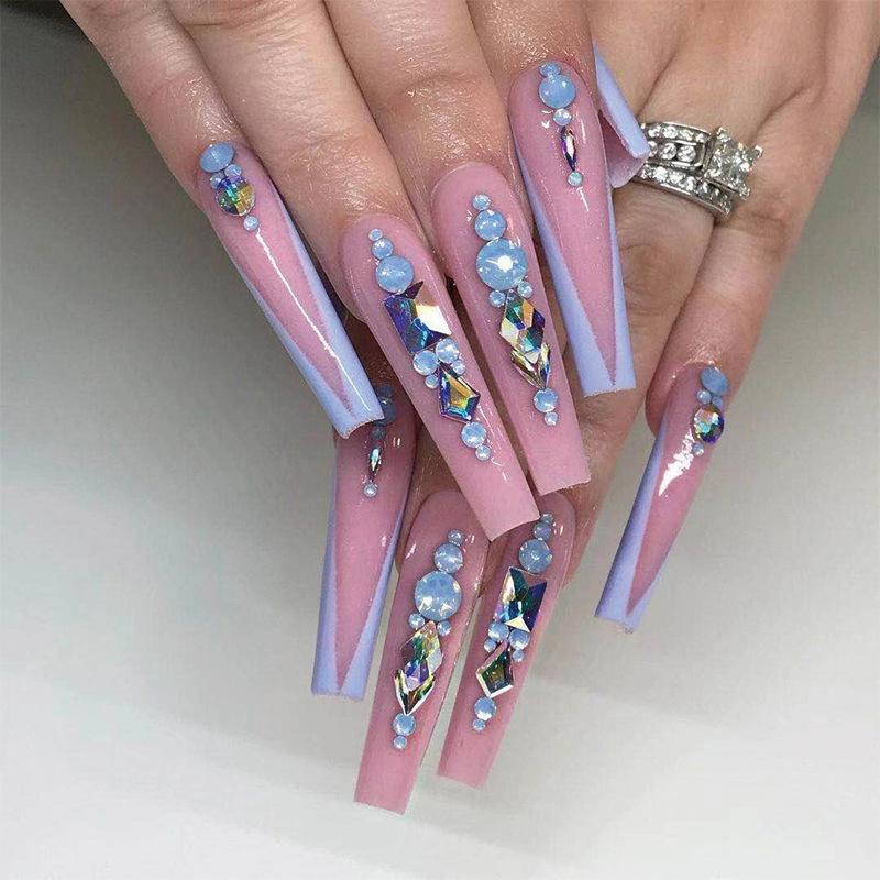 Spice Girl Wearing Nail Naked Powder Long Ballet Blue Rhinestone Wearing Nail Piece Nail Piece False Nail