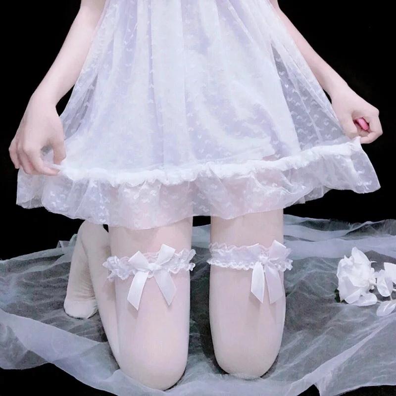 Giant See Through Clear Lovely Elongated Stockings Pupil Jk Over Knee Cap French Lace Bow Sensual Suspender Tube Silky Nylon Over The Knee Length