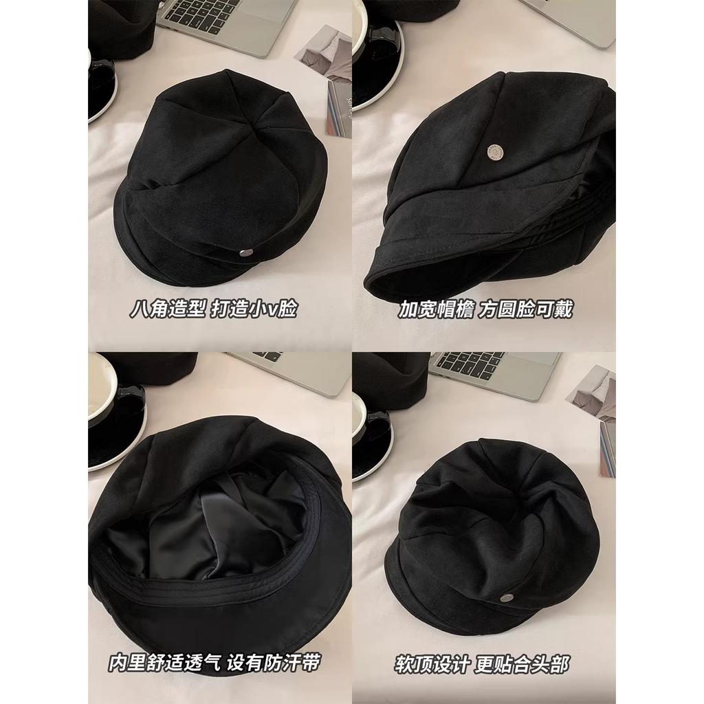Vintage Pleated Black Beret Female Autumn and Winter Face Small Octagonal Hat Big Head Circumference Newsboy Painter Hat
