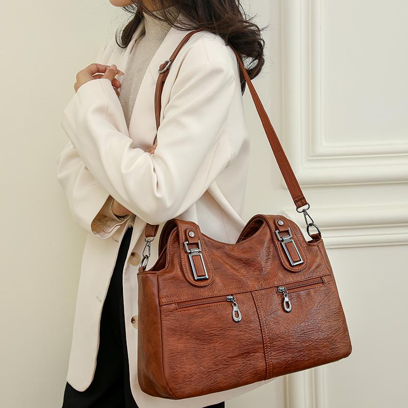 Frauen PU Leder Große Kapazität Schulter Tasche Damen Vintage Schulranzen Taschen 2025 Sommer Designer Handtasche Tote Umhängetasche