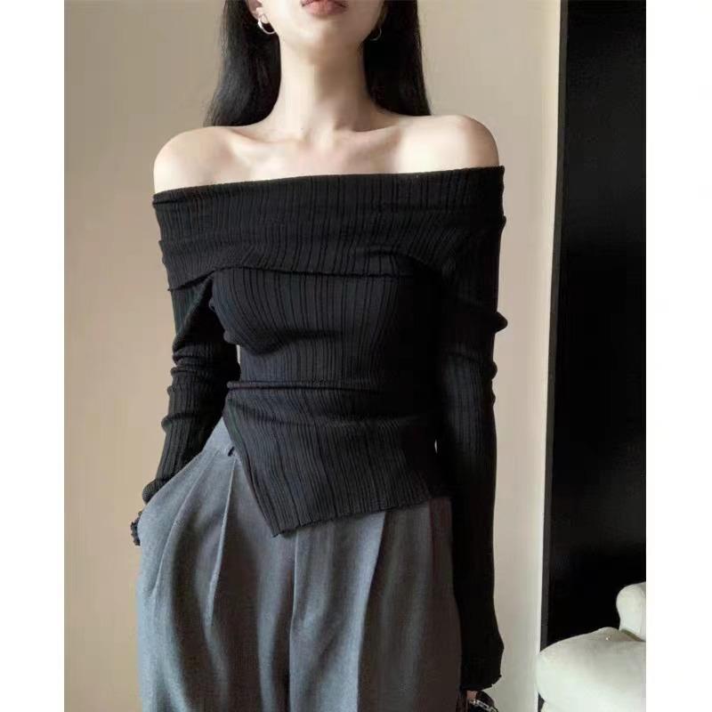 Elegant Off-the-shoulder Pullover Sweater Women Fashion Solid Color Simple Long Sleeve Tops Inner Casual Slim Fit Basic Long Sleeved Bottoming Shirt