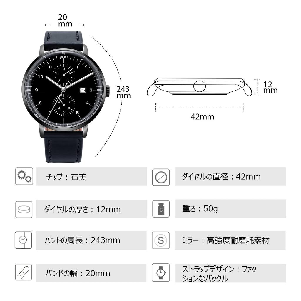 RORIOS Men's Genuine Leather Watch with Big Face, Simple Design, Luminous Movement, Quartz Movement, Chronograph Movement, Date Display, Black B