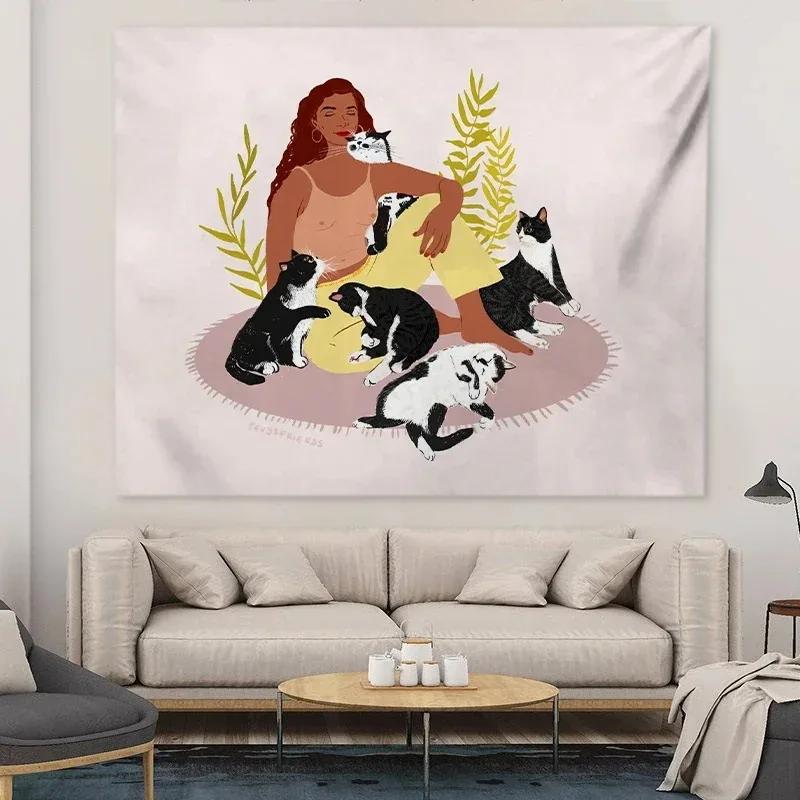 VIKAMA Cartoon Cat Tapestry Kawaii Animal Wall Hanging Cute Print Wall Decor Art for Living Room Bedroom Dorm Home Decoration