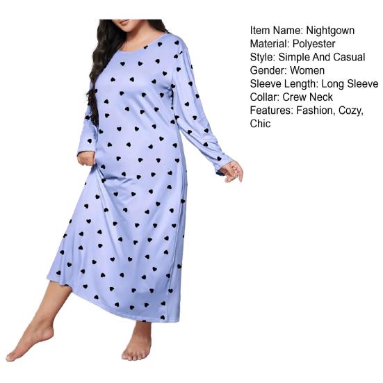 Damen Übergröße Langes Schlafkleid Herzmuster Langarm Nachtwäsche Nachthemd Herbst Locker Nachthemden Gemütliche Loungewear