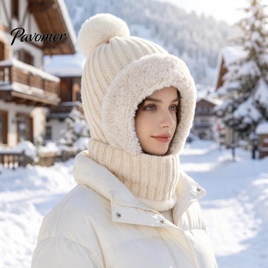 Passamontagna Invernale per Uomo e Donna, Passamontagna Antivento, Cappello Maschera da Sci a Maglia, Cappello a Maglia Foderato in Pile con Scaldacollo Scalda Teste, Pompon, Accogliente Freddo