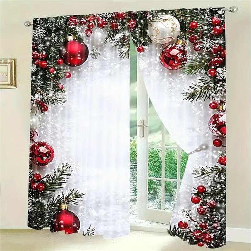 Christmas Ball Holiday Printed Curtains, 2 Pieces 2D Flat Printed Red Luxury Xmas Print Curtains with Snowflakes  for Holiday Party Decor
