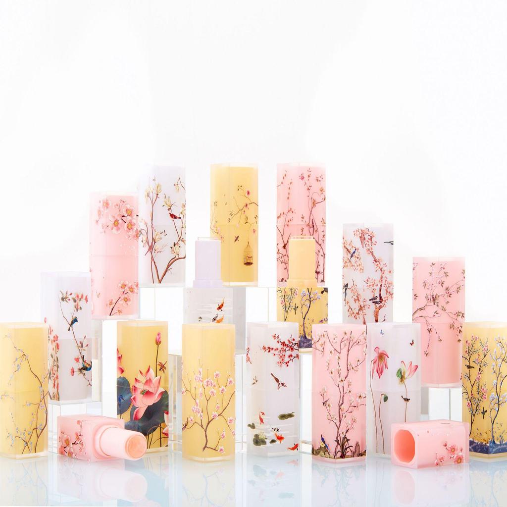 Elegant Frosted Translucent Square Lipstick Tube - Chinese Style 3D Printed Magpie Floral Design, 12.1g