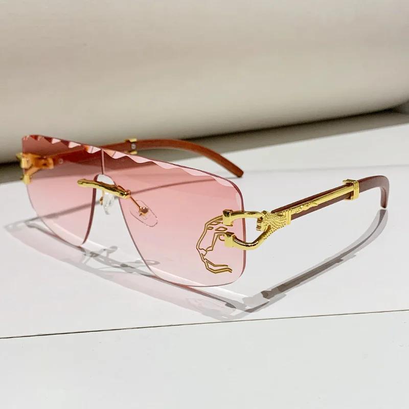 Popular Vintage Wave Rimless Sunglasses Women For Men Sun Glasses Punk Luxury Brand Designer Pink Gold Leopard Shades Uv400
