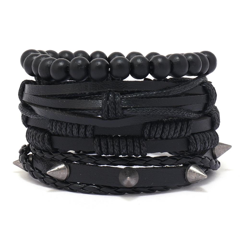 Foreign trade cross-border personality trend rivet hip-hop bracelet wooden bead bracelet set handmade leather woven men's bracelet