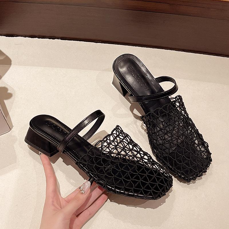 Shoe Bag Head Half Slippers Women's Summer Wear New Skirt Square Head Sandals Fashionable Hole Shoes Women