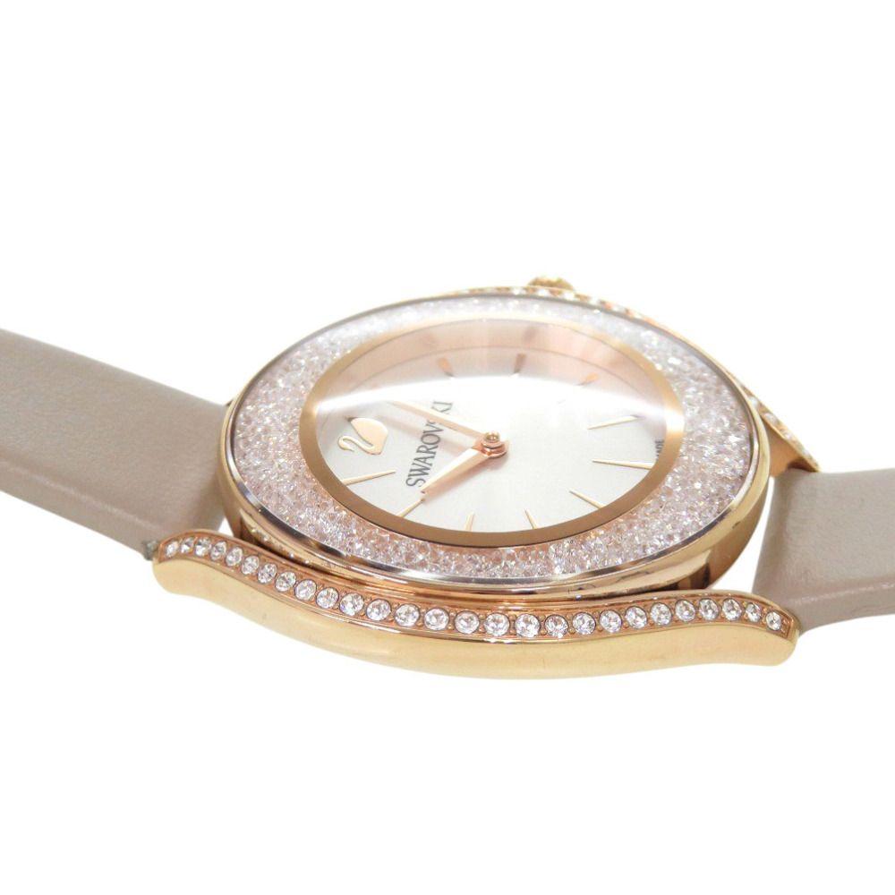 Used Like new Swarovski Crystal Line Aura SS Leather White Quartz Watch 0609 SWAROVSKI