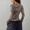 European Fashion 2025 Women's Retro Camouflage Tree Branch Pattern U-Neck Slim Fit Cropped T-Shirt