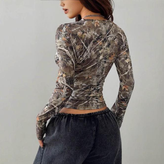 European Fashion 2025 Women's Retro Camouflage Tree Branch Pattern U-Neck Slim Fit Cropped T-Shirt
