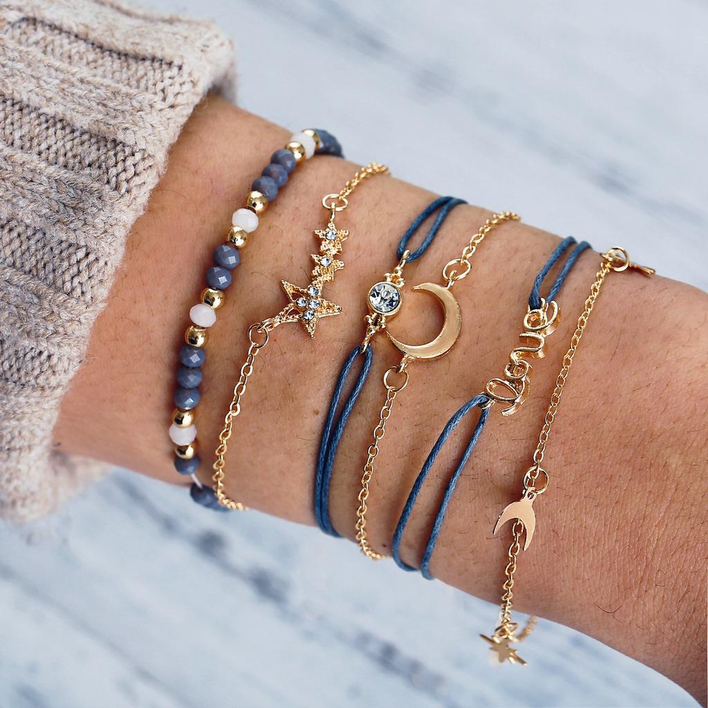 European-American Bestseller: Love, Star, and Moon Bracelet Set (6 Pieces)