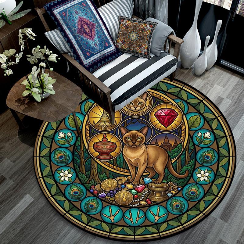 Glass Cat Mandala Round Area Rug Under Office Chairs Bedroom Living Room Home Decor
