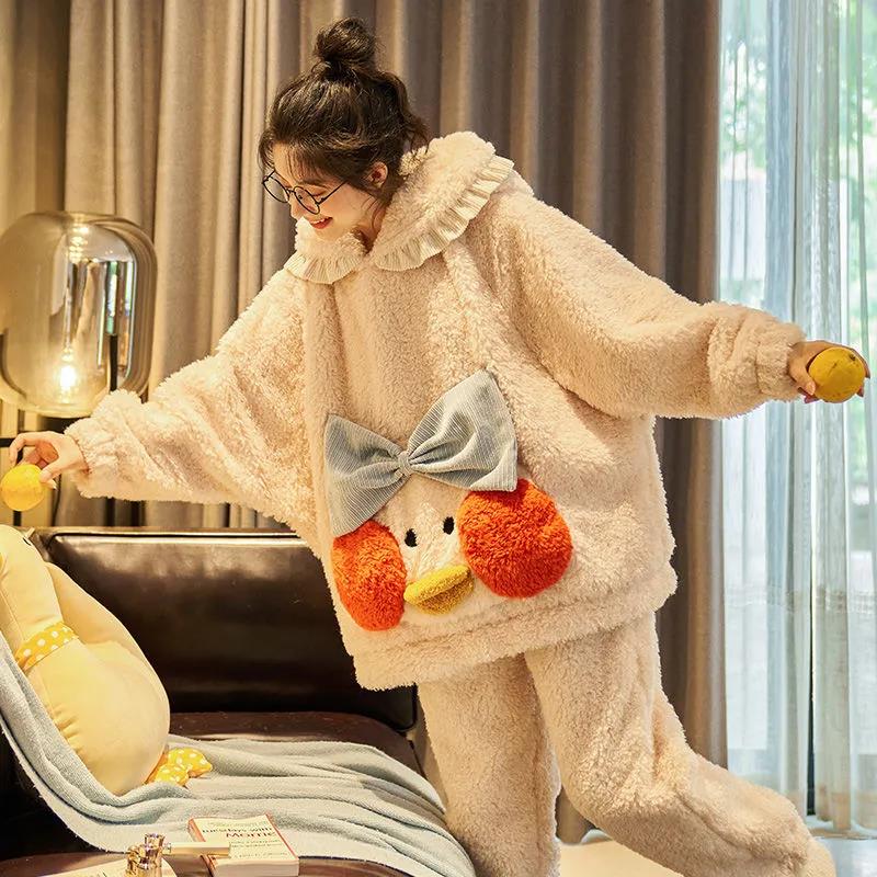Korean Student Long-sleeved Thickened Flannel Plus Size Home Service Suit Female Winter Coral Fleece Cute Pajamas