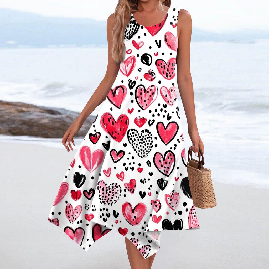 Lässiges, modisches Damen-Midikleid mit Rundhalsausschnitt, ärmellosem Aufdruck und unregelmäßigem Saum