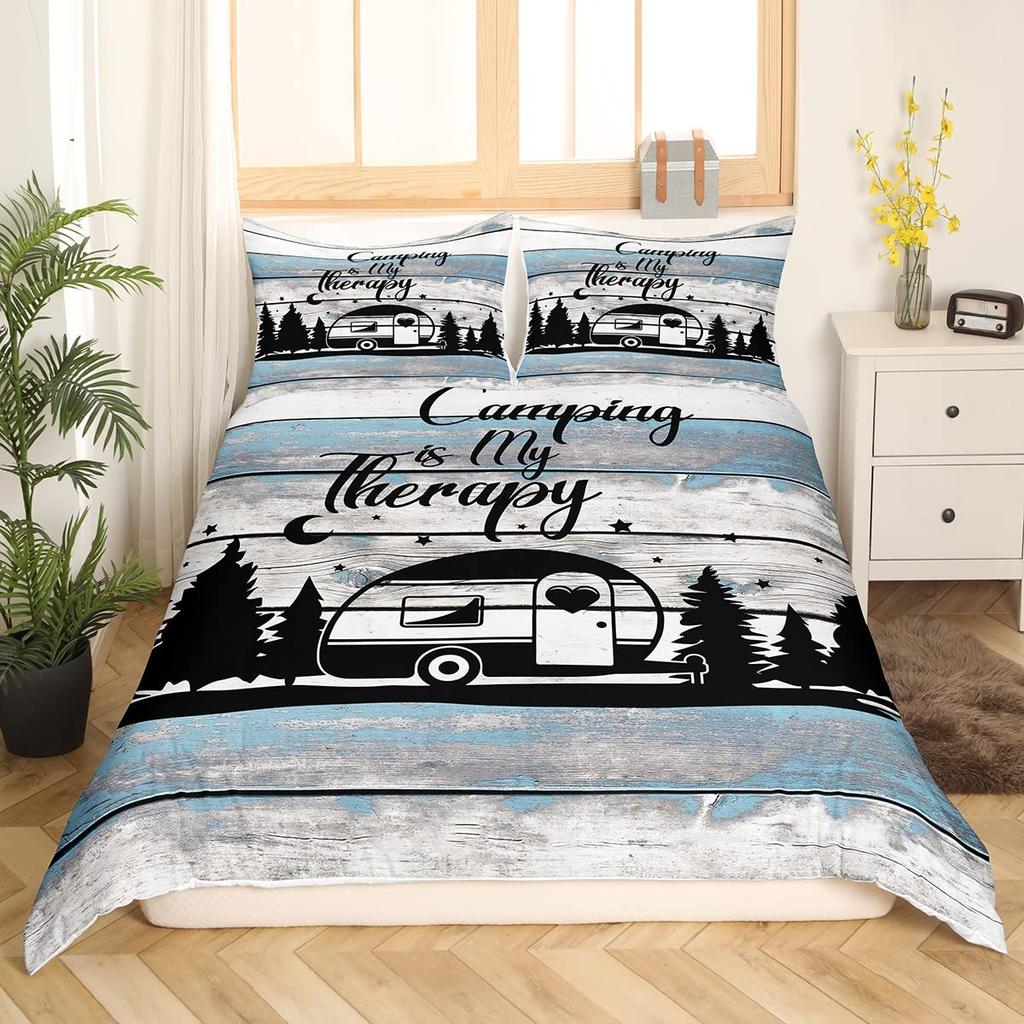 Camping Bedding Set Twin King Full Size For Teens Adult Duvet Cover Happy Camping Comforter Cover 3 Pieces With 2 Pillowcase