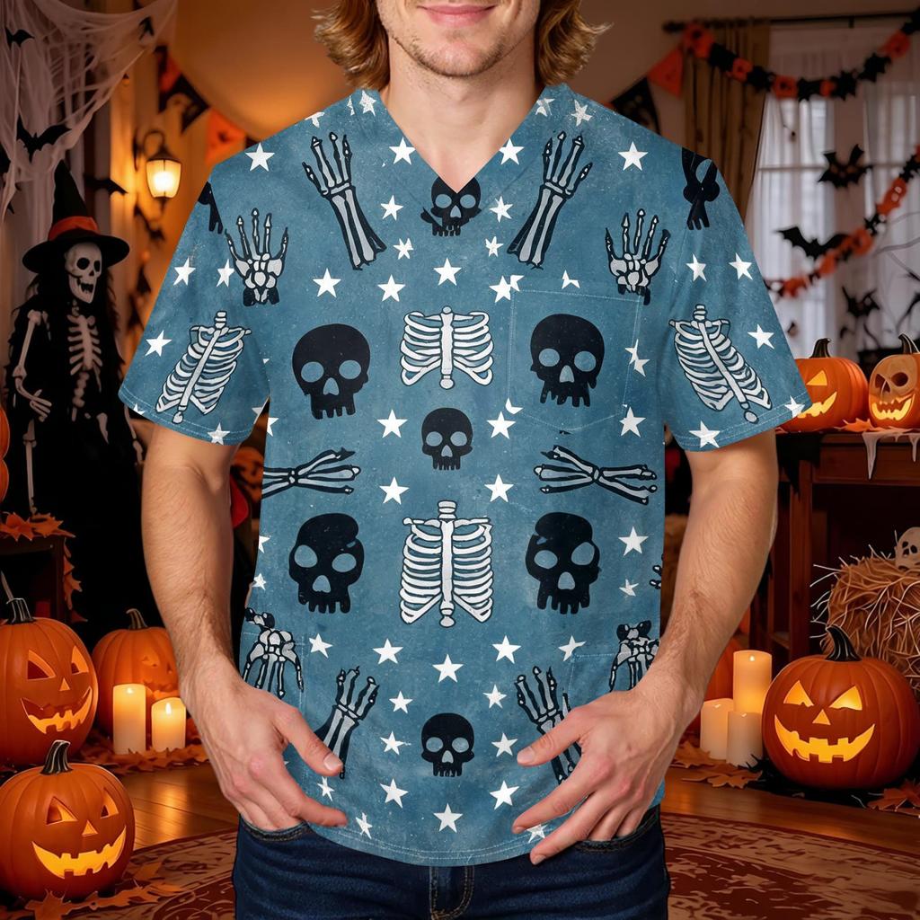 Men's Halloween Print V-Neck Scrub Top with Pockets Comfort Fit for Daily Work