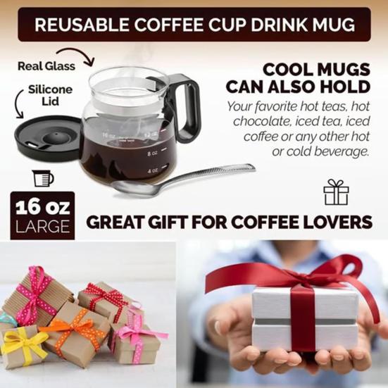 Kaffekopp i glass 16 oz Kaffekanne-stil kopp med lokk Stor kapasitet Varm og kald drikkekopp Gave til kaffeelskere