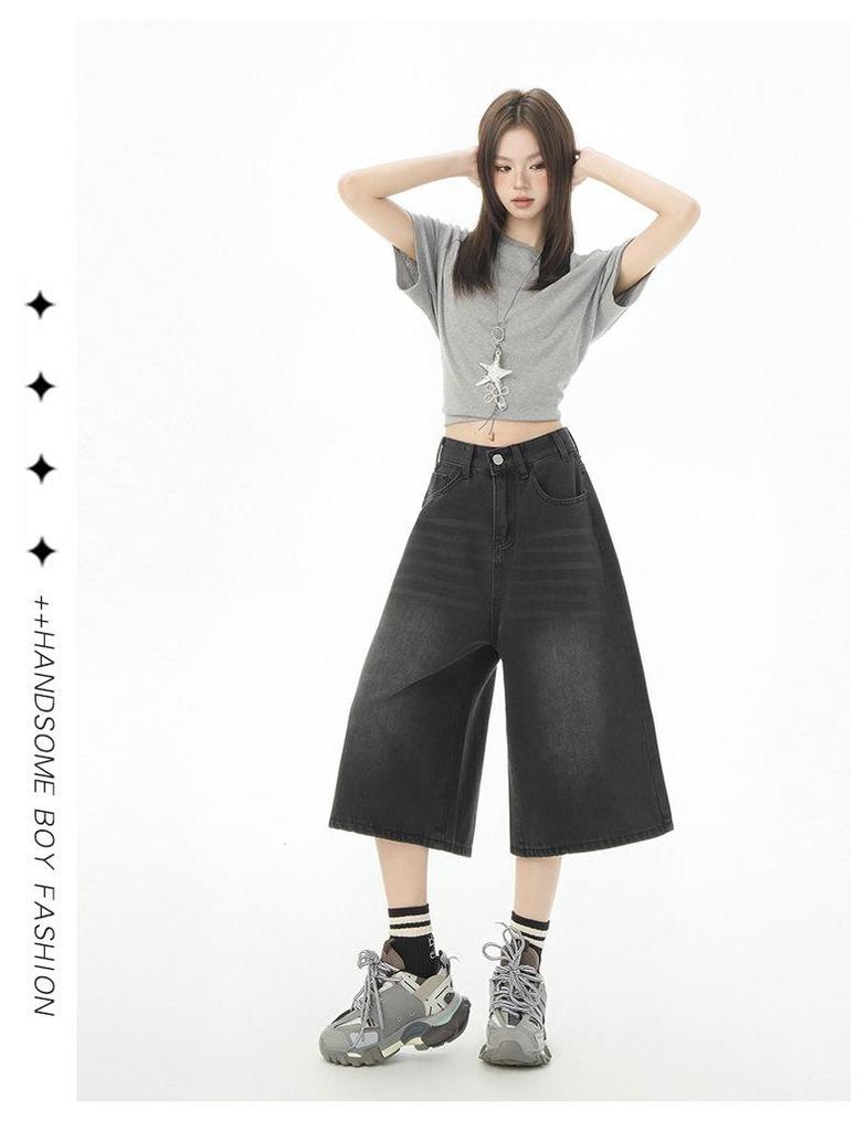 Women's American Retro High Waist Seven-Point Denim Shorts - Spring/Summer 2026, Slimming Wide-Leg Mid-Length Design.