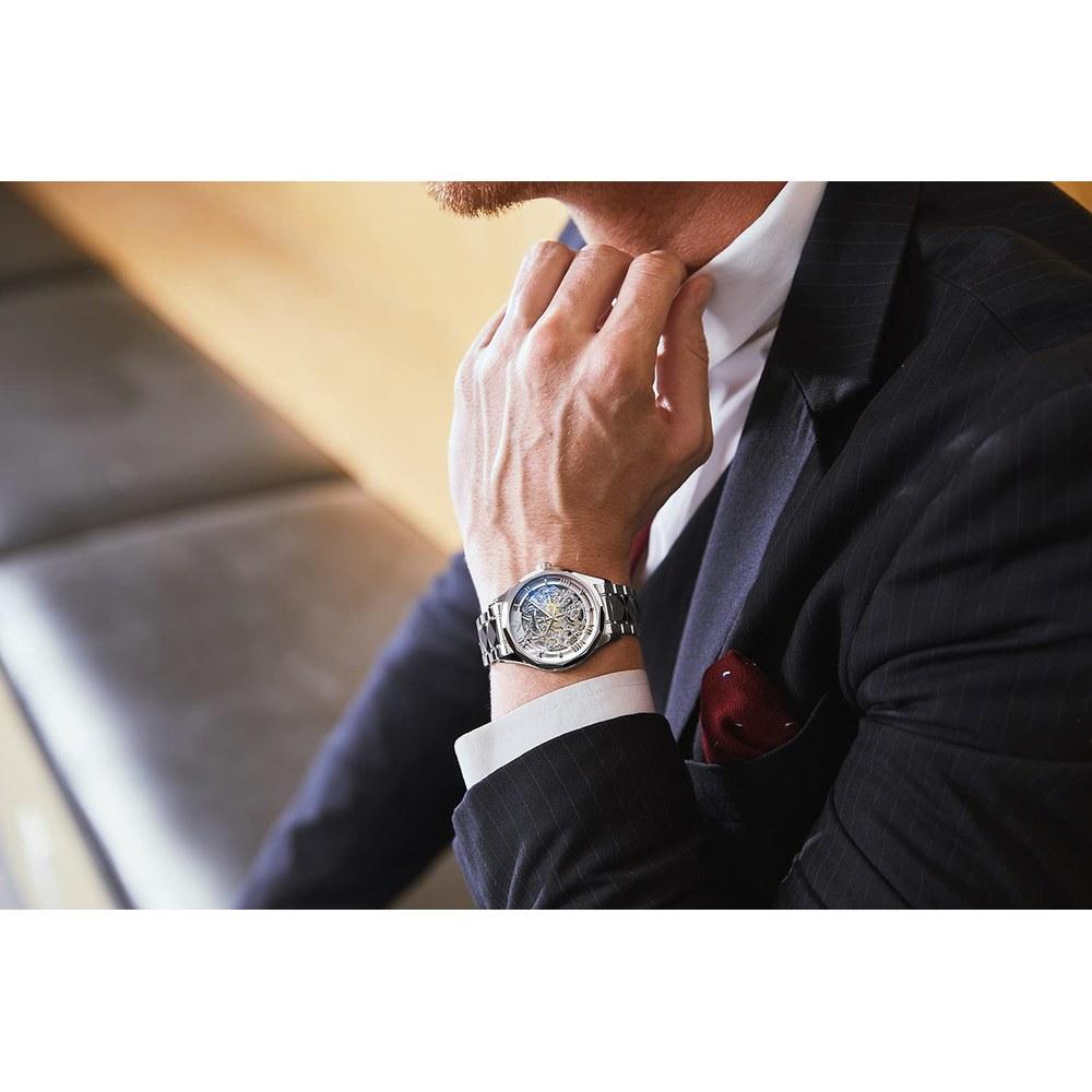 OLEVS Men's Skeleton Automatic Mechanical Dress Watch Silver Tungsten Steel Band Water-Resistant Sapphire Crystal Bracelet