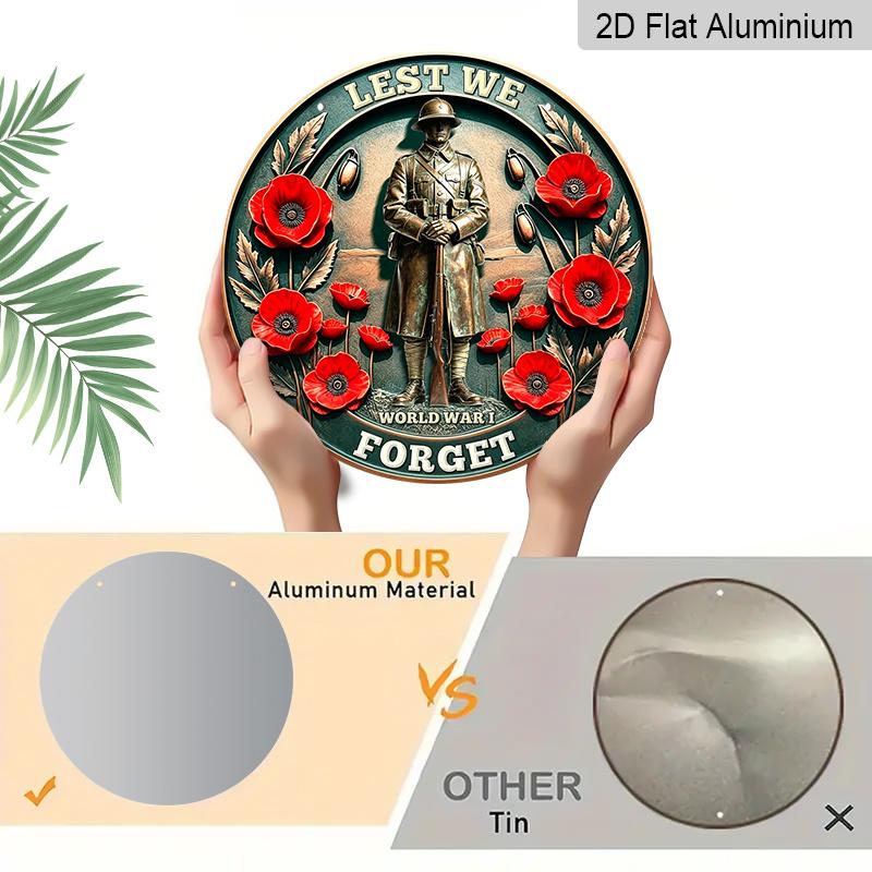2D Flat Retro Industrial Style Aluminum Metal Wreath Round Sign, World War I Lest We Forget Soldier Poppy Metal Sign, Decoration Plaque, Retro Wall