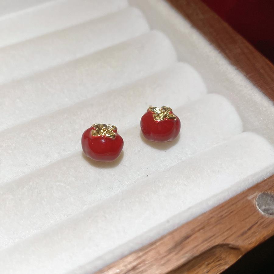 Vintage Simple Zircon Drip Oil Red Apple Earrings Stud Earrings Exquisite Earrings Women