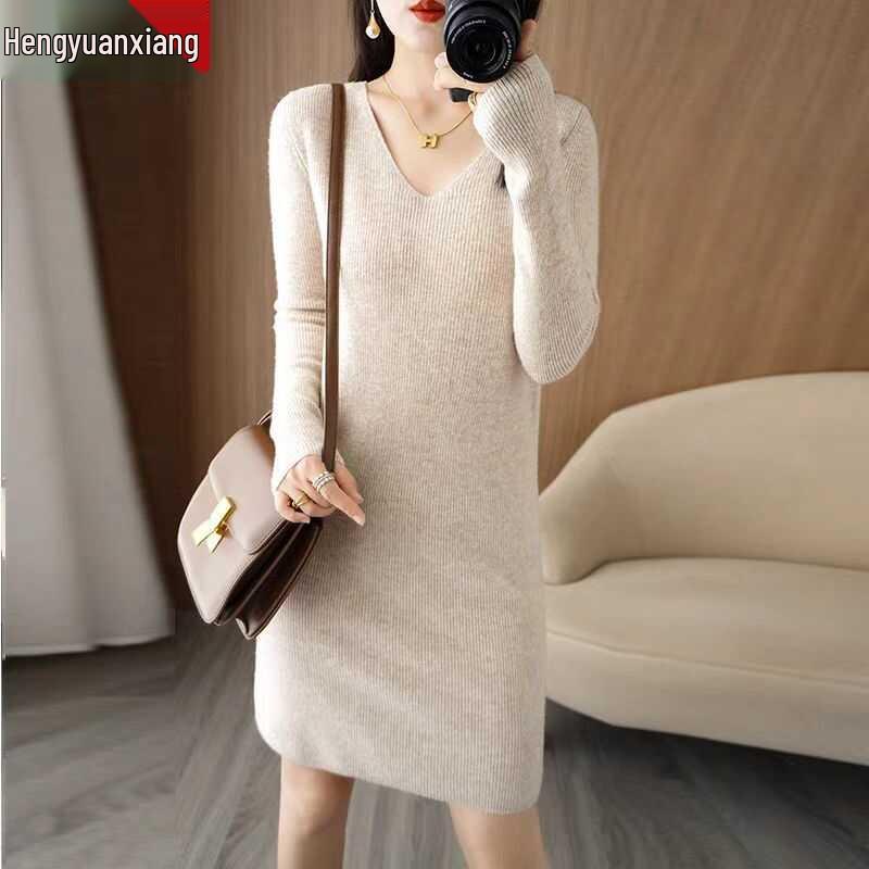 Hengyuanxiang Women's V-Neck Cashmere Sweater Dress - Mid-Length, Long Sleeve, Knitted