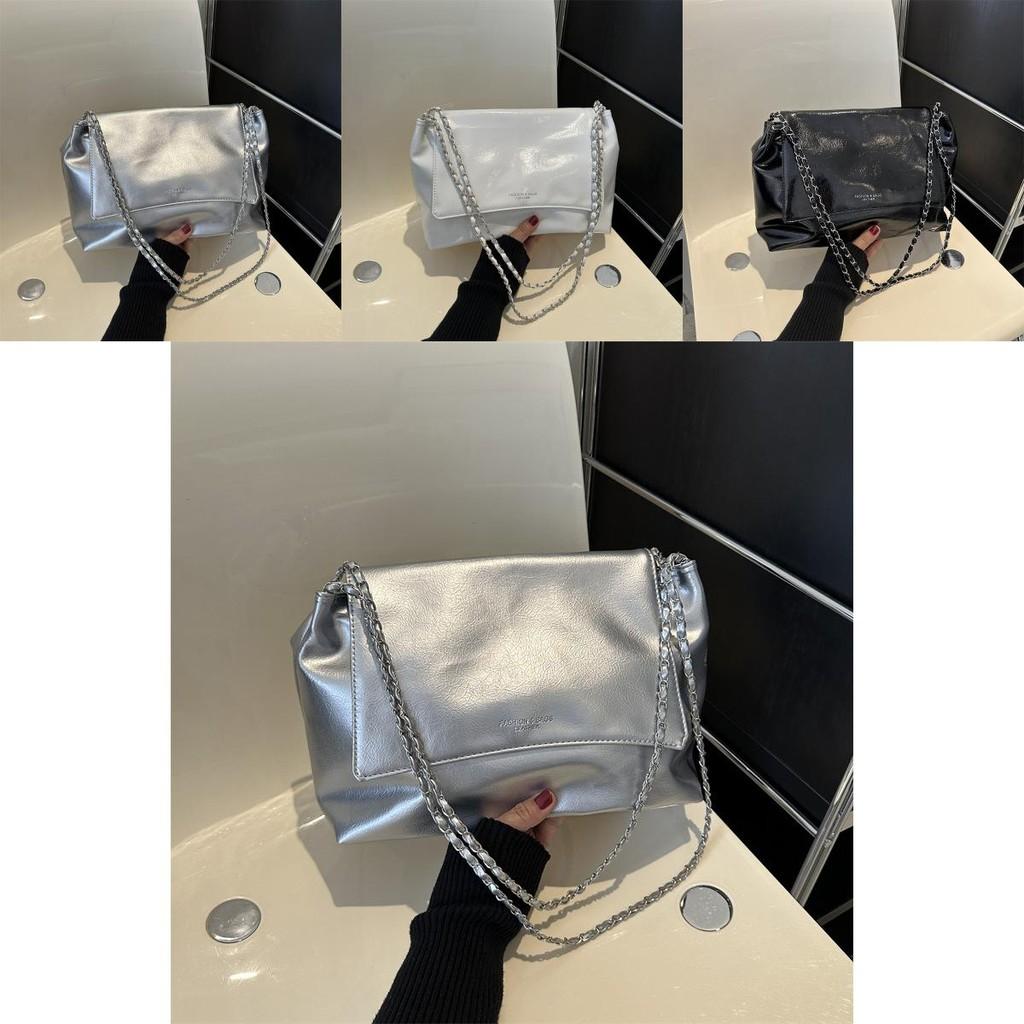 Versatile Pu Leather Medium Shoulder Bag For Women With Elegant Chain Design In Black Silver And Cream