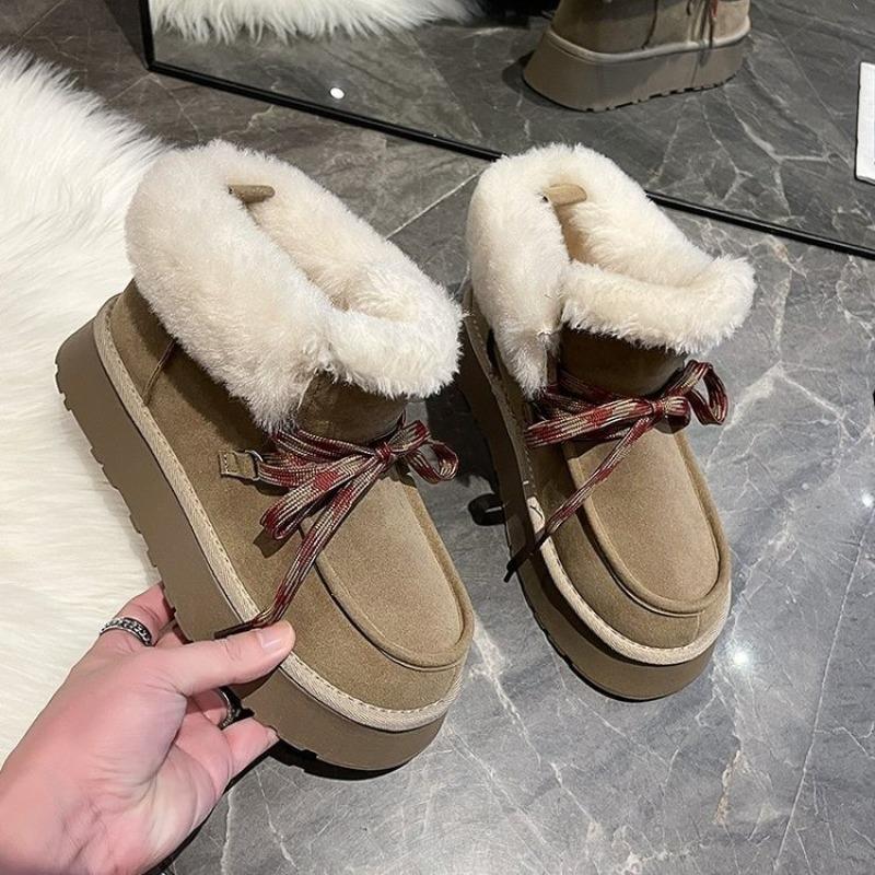 Fashion Women's Fashion Platform Snow Boots Winter New Round Head Suede Front Strap Anti-slip Wear-resistant Short Boots