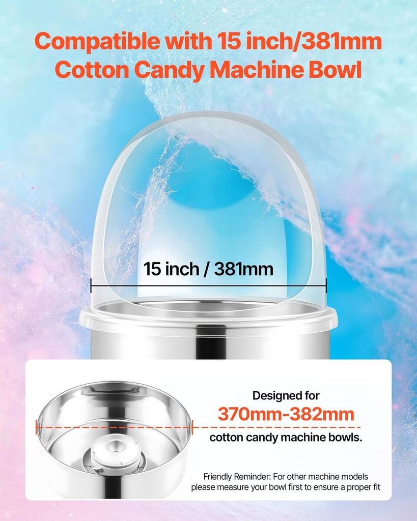 Cotton Candy Machine Cover, Transparent Acrylic Dome Bubble Shield, Cotton Candy Machine Bubble Shield Compatible with 381mm Cottons Candies Machines